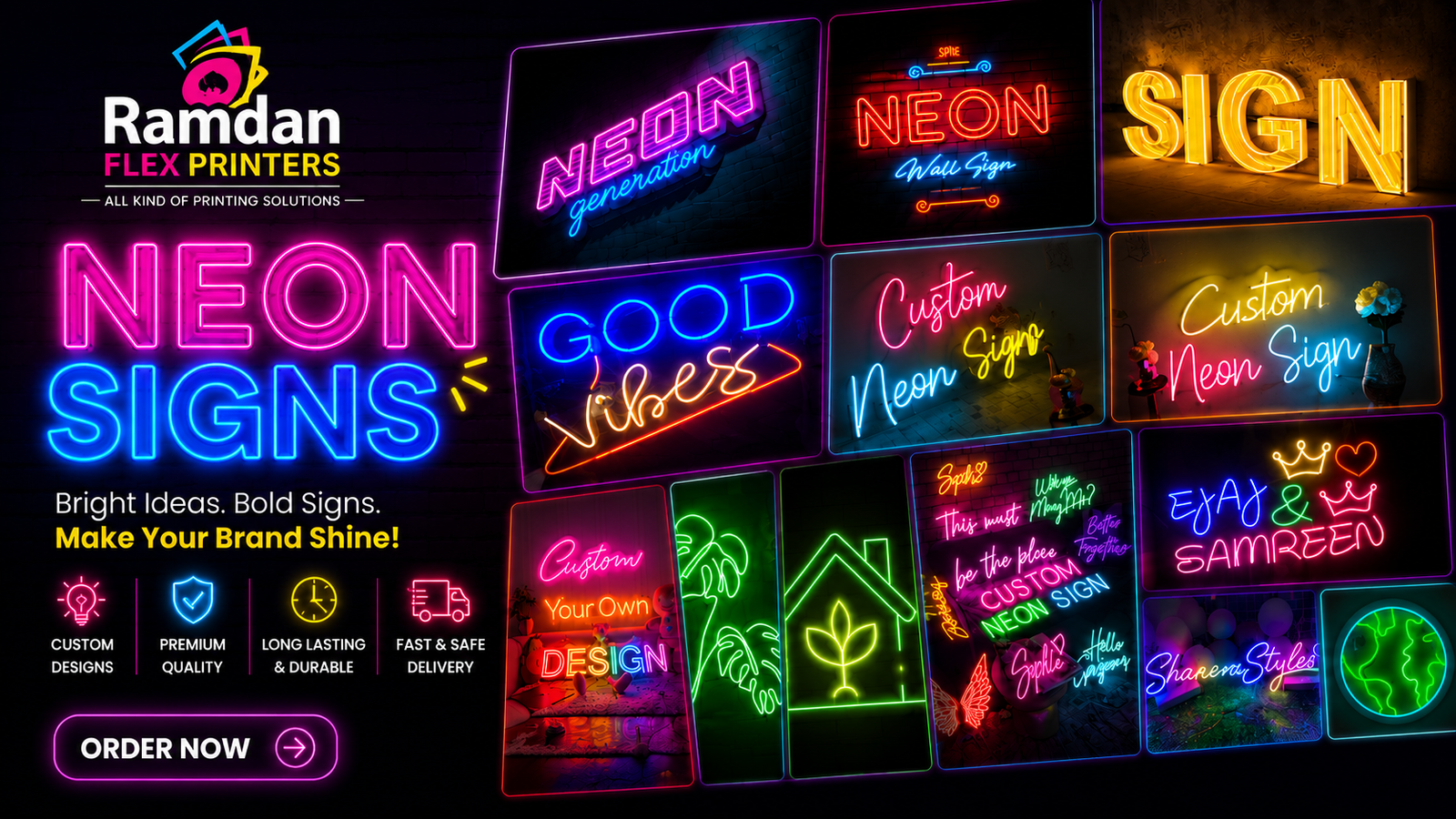 Assorted custom LED neon sign designs displayed on a dark background