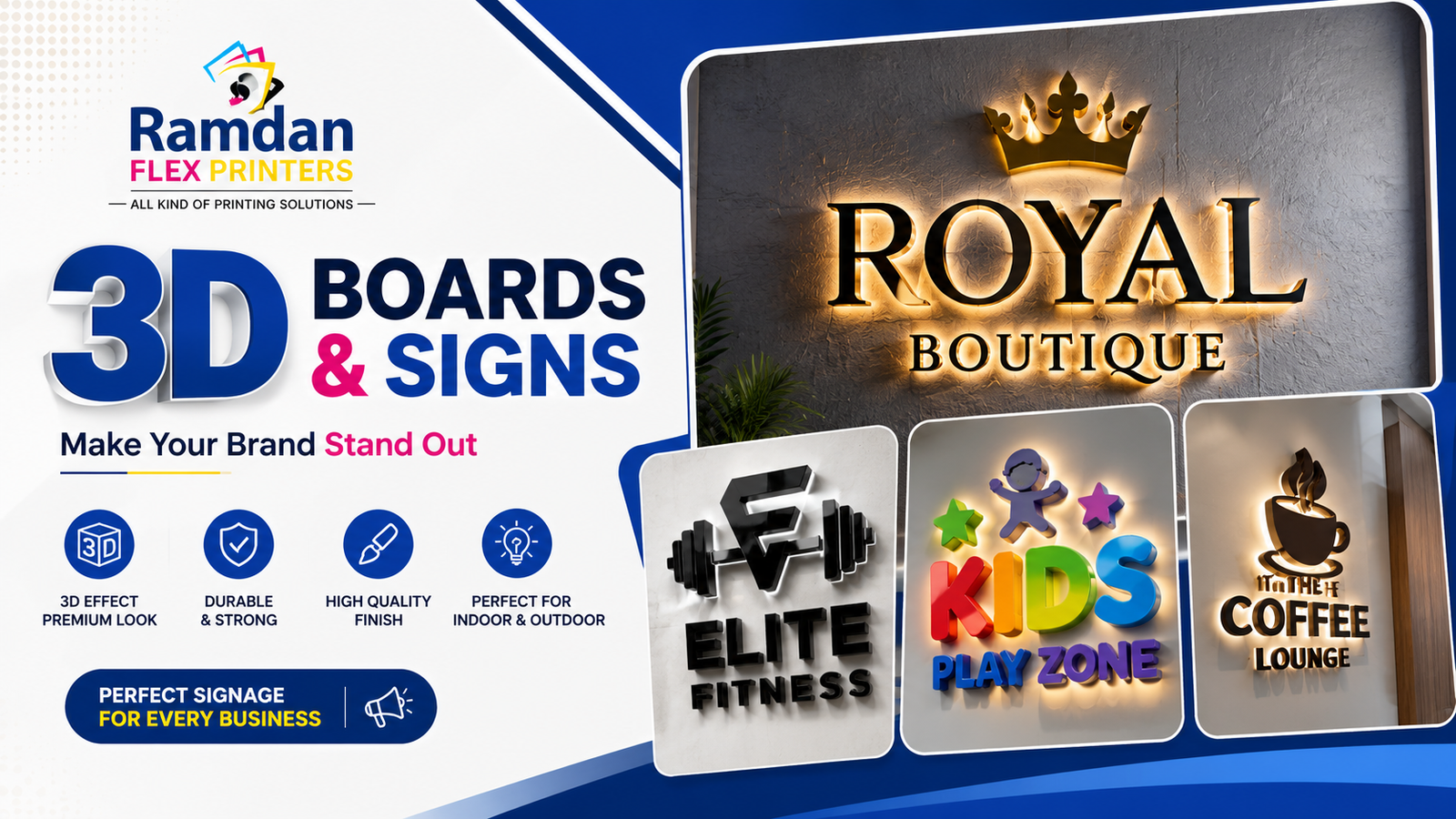 Illuminated 3D acrylic signboards for a boutique, gym, kids' play zone and coffee lounge
