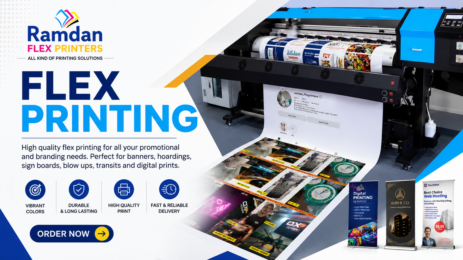 Wide-format flex printing machine producing colorful banners and roll-up stands