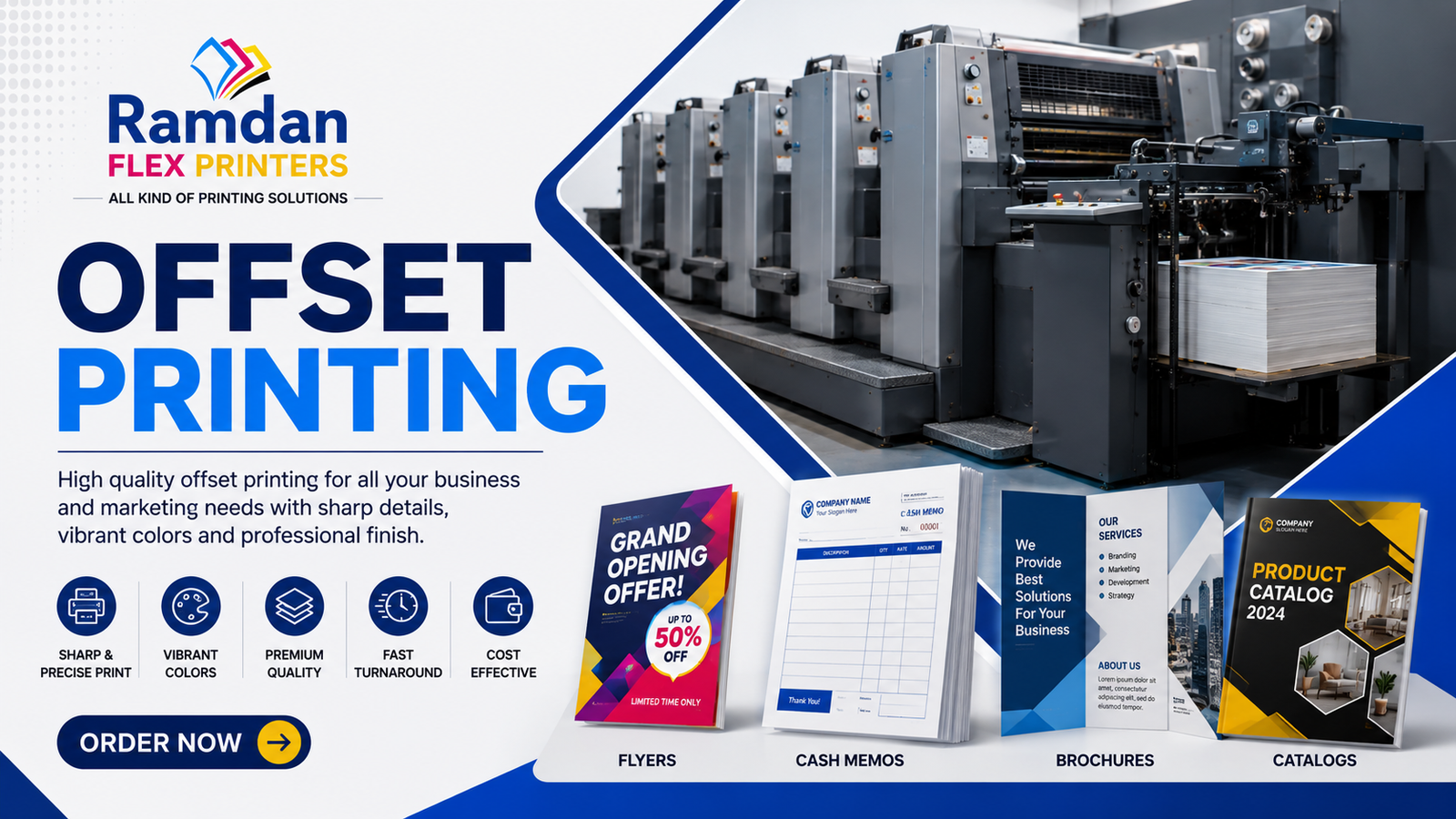 Offset printing press with stacked flyers, cash memos, brochures and catalogs